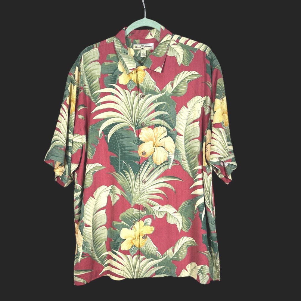Tommy Bahama Mens Large Silk Tropical Floral SS Button Up Hawaiian Shirt